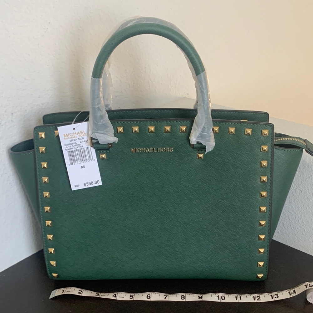 NWT Michael Kors Malachite Green Selma Gold Stud Satchel.